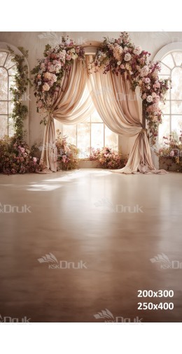 Tło fotograficzne „Romantyczne kwiatowe okno z zasłonami” | E_793